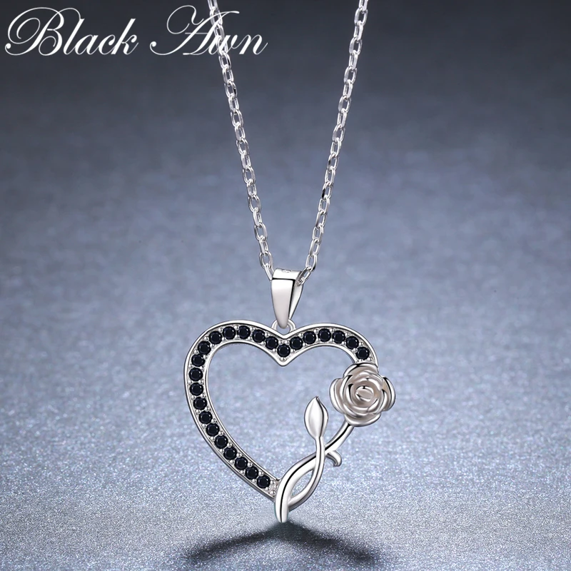 [BLACK AWN] романтическое 925 пробы Серебряное ювелирное ожерелье в форме сердца для женщин черный позвоночник женский подарок для влюбленных роз K008