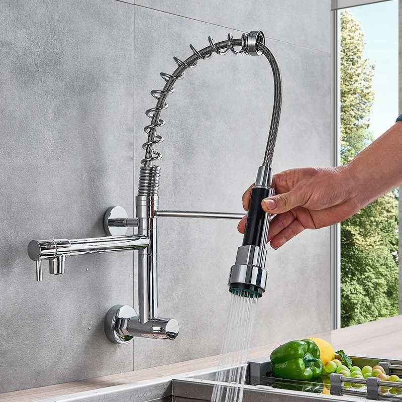 quyanre wanfan wall mounted chrome spring kitchen faucet dual spout single handle mixer tap kitchen sink faucet1