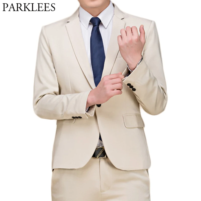

Mens Work Suit (Jackets+Pants) 2019 Fashion Notch Lapel Khaki Wedding Dress Suits Singer DJ Party Prom 2 Piece Set Costume Homme