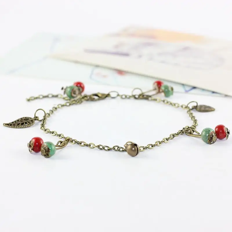 

Adjustable Rope Chain Handmade Green Ceramic Anklet Bracelet Summer Ball Pendant Lovers Couple Girls Graduation Friendship Gift