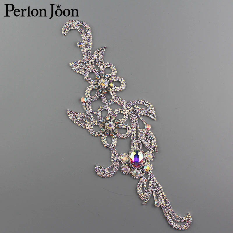 

9.6*3.1 inch AB Crystal Long Flower Crystal Applique Rhinestone Patch Sew for Bridal Headdress Wedding Dress Accessories YH C013