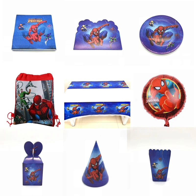 

Spider-Man Theme Happy Birthday Decorations Paper Cup Plates Balloon Gift Bag Banners Invitations Card Disposable Party Supplies