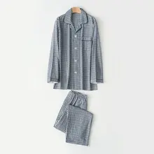 Осенние мужские пижамы больших размеров, мужские повседневные клетчатые Пижамные комплекты, мужские рубашки с отложным воротником и брюки, хлопковый пижамный комплект