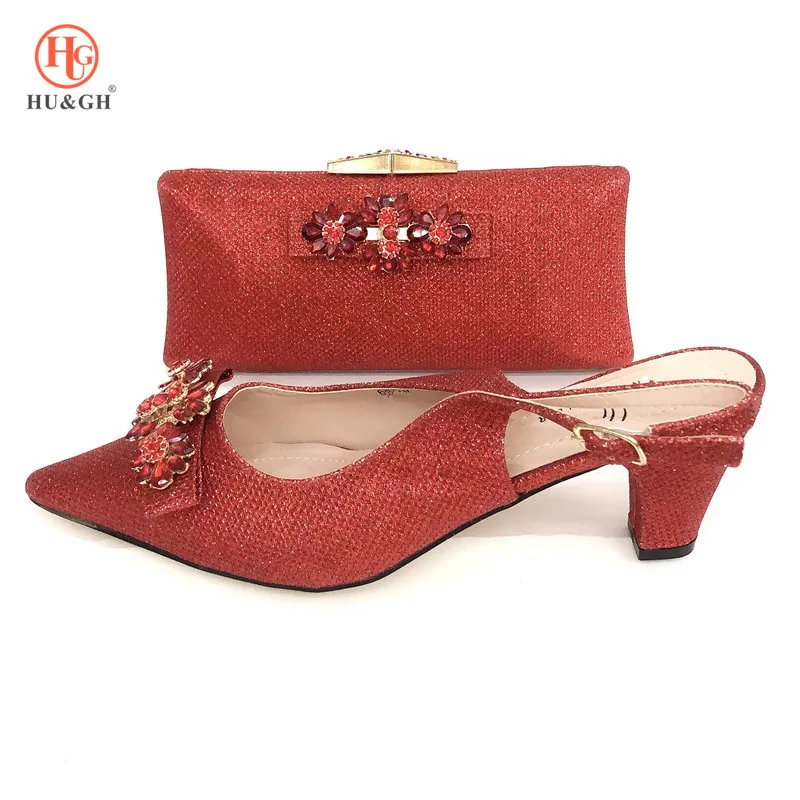 

Latest Red Color Women Matching Shoes and Bag Set Decorated with Rhinestone Luxury Women Shoes Nigerian Office Lady Party Shoes