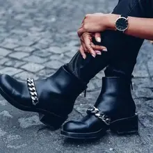 Модные женские ботильоны с круглым носком, золотыми/серебряными цепочками; женские рыцарские сапоги в классическом стиле; сапоги с боковой молнией; весенние сапоги