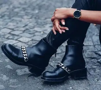 

Fashion Gold/Silver Chains Women Round Toe Ankle Boots Classic Style Ladies Knight Boots Zipper Side Dress Boots Spring Boots