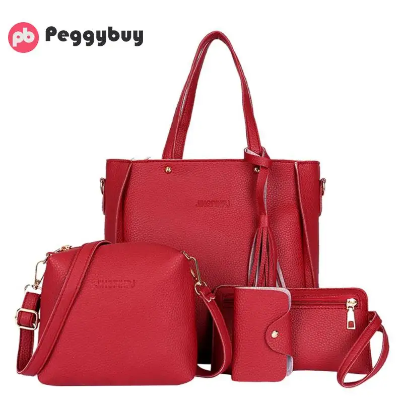 

4Pcs Women Pattern Leather Handbag+Crossbody Bag+Messenger Bag+Card Package solid zipper Elegant Ladies handbags set