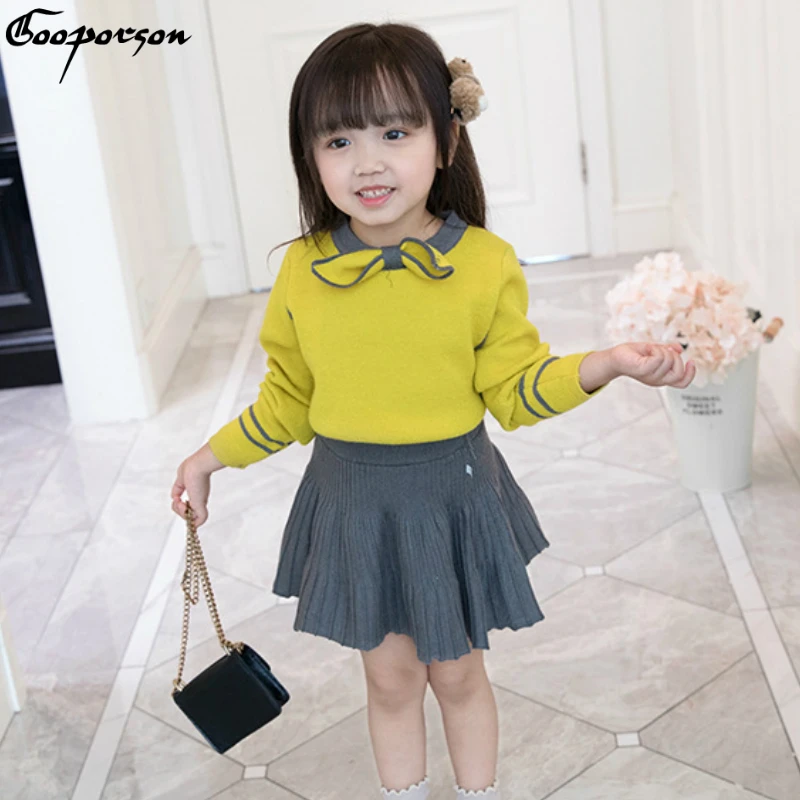 

Girls Clothes Set Winter Ouffits for Kids Girl 2-7years Old Knitted Yellow Pullover and Grey Skirt Children Brand Clothing Suit