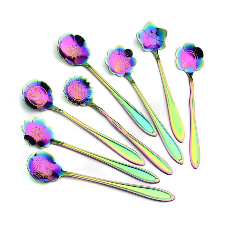 

Stainless Steel Tableware Plate Gold Floral Shape Multi-Colors Spoon Drink Coffee