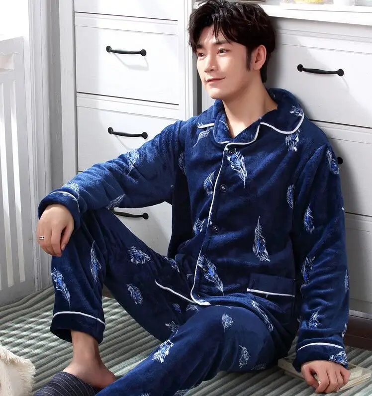 Fashion Brand Luxury Winter Pajamas Men Sleepwear Thick Warm Coral Fleece Mens Pajama Set Male Nightwear Leisure Home Clothing