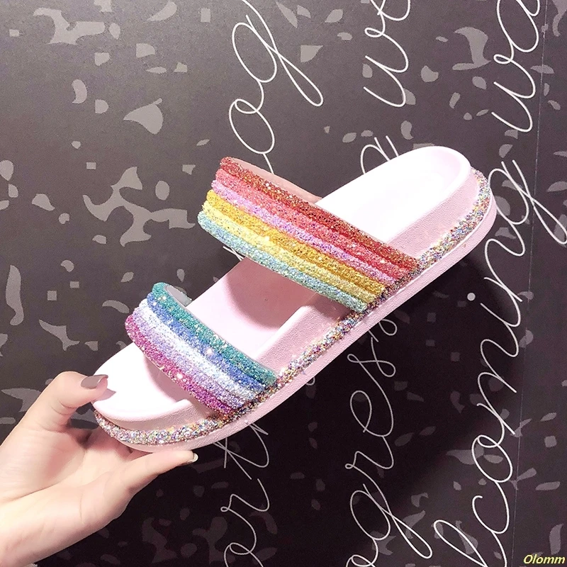 

Women Slippers Rainbow Striped Shoes Bling paillette Slides Glitter Soft Flat Summer Beach Sandals Ladies Candy Color Jelly Shoe