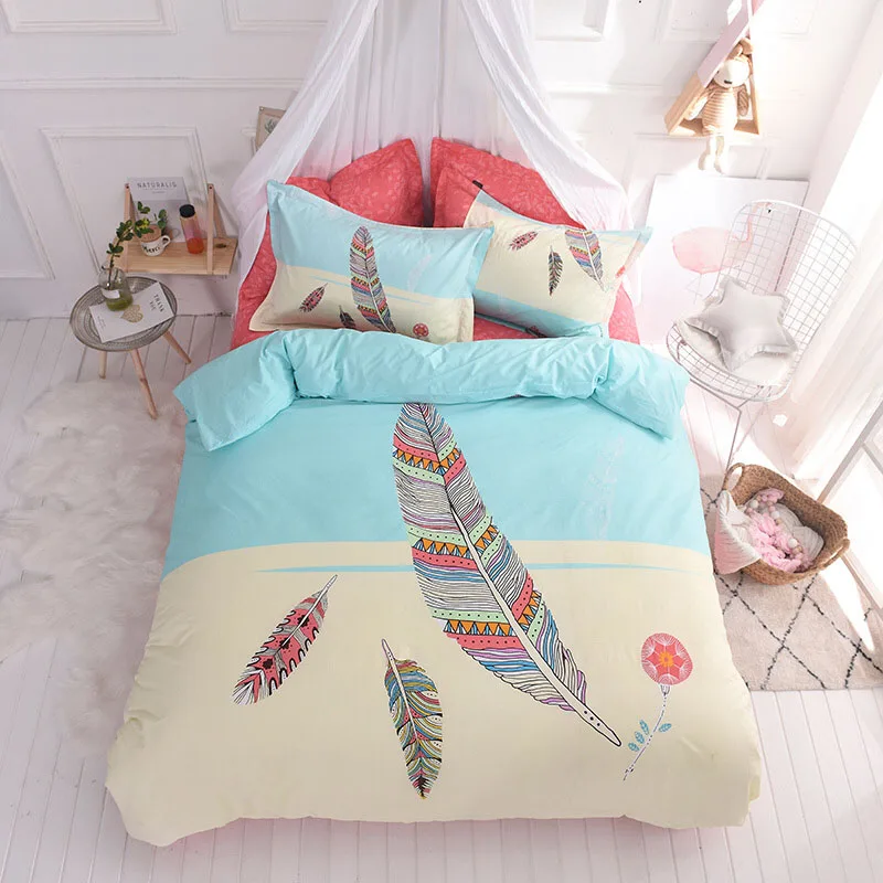 

100% Cotton bedding set feather Floral Bedding Set 4pcs Home Textile Cover Duvet Bed Sheet Pillowcases Queen /Full size TJ-30
