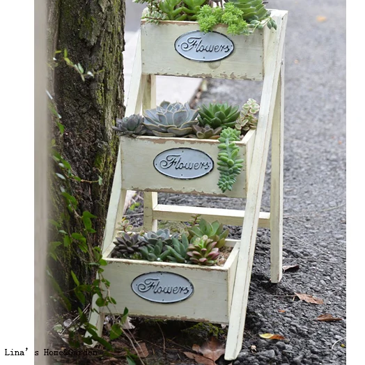3 tier ladder style foldable shabby off-white wood flower stand designs (8)
