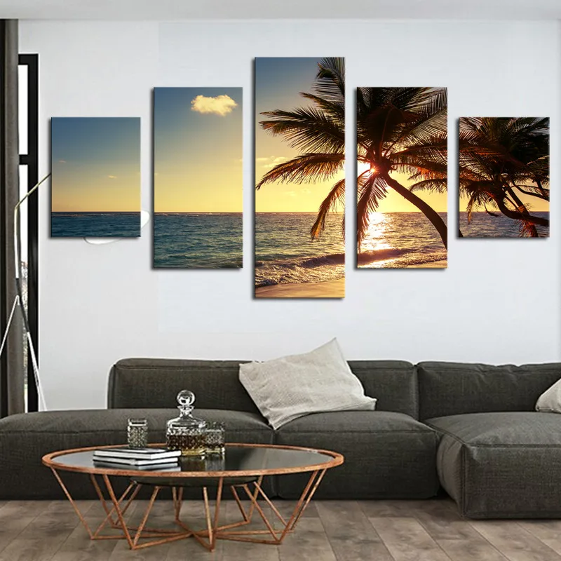 

Canvas Painting Wall Art Modular Pictures Frame 5 Pieces Sunset Beach Coconut Tree Seascape Poster Living Room Home Decor PENGDA