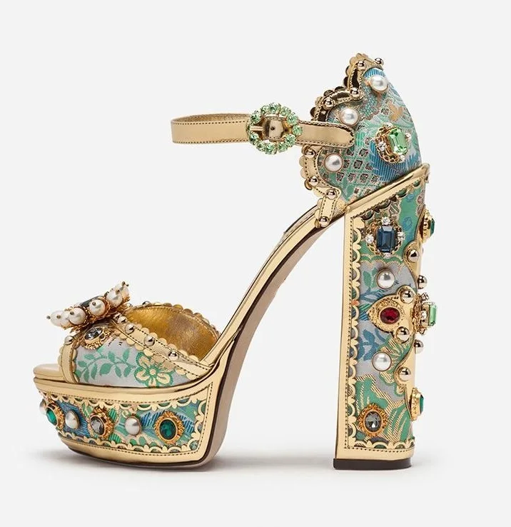 Luxury Crystal Pearl Embellished Platform Sandals Buckle Wedding Gold Floral Rhinestone Shoes Luxury Chunky High Heels Sandals