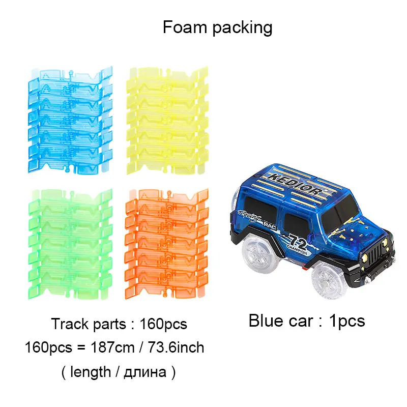 Изгиб Flex светящийся гоночный трек DIY железнодорожный вагон игрушки для детей Волшебная вспышка автомобиля светится в темноте - Цвет: 160 tracks 1 blu car