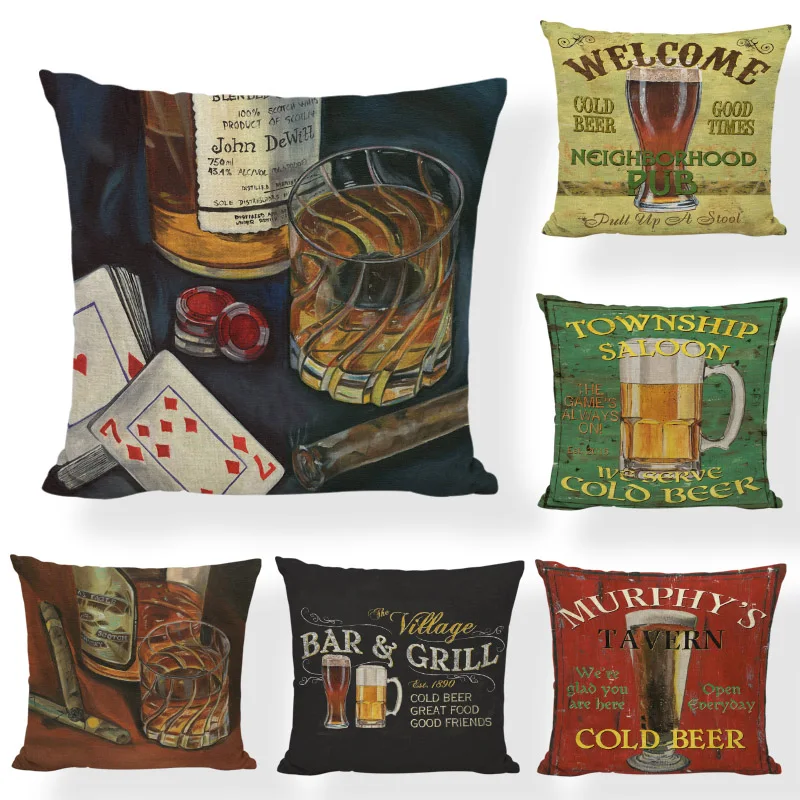 

Retro Cold Beer Cushion Cover Glass Cup Man Cave 17*17In Poker Smoke Dice Old Irish Decoration Pub Home Living Room Pillowcase