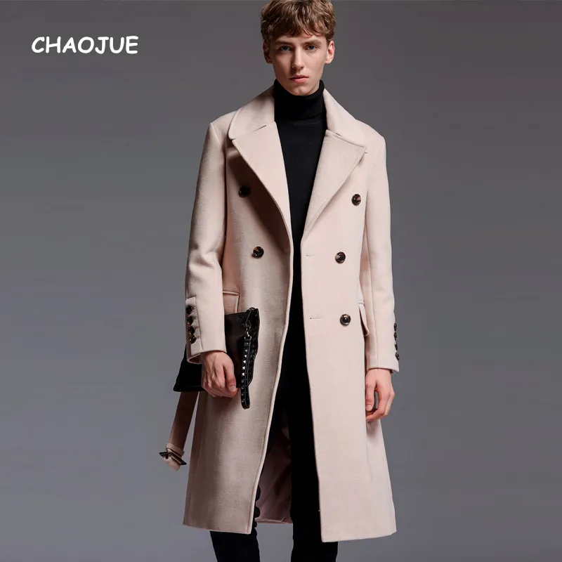 

CHAOJUE Brand Mens Extra Long Woolen Coat 2018 Autumn/Winter England Artifical Cashmere Over Coat Business Causal Beige Outwear