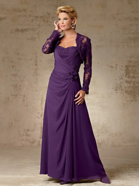 Elegant Long Chiffon Purple Mother Of The Bride Dresses With Lace Elegant Long Chiffon Purple Mother Of The Bride Dresses With Lace Bolero Jacket Sleeve Formal