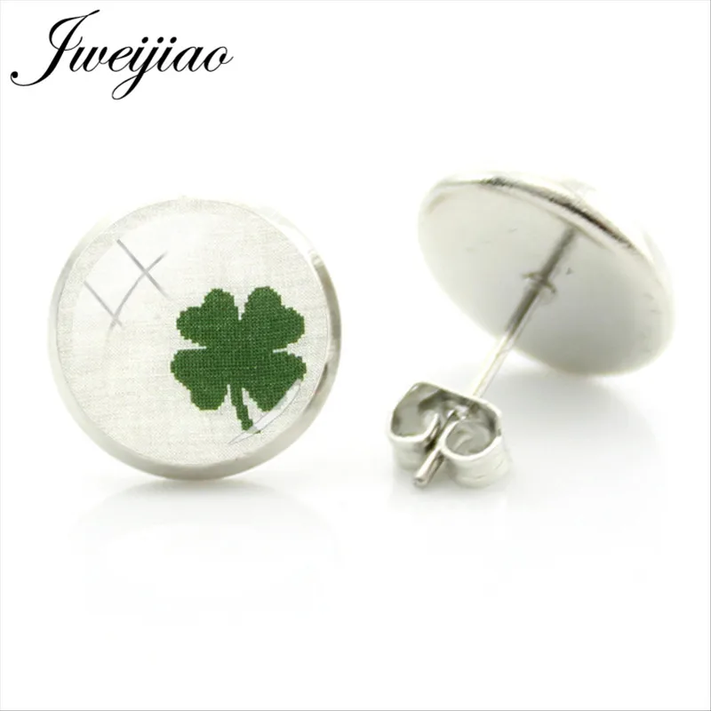 JWEIJIAO зеленые серьги с четырехлистным клевером круглые стеклянные гвоздики
