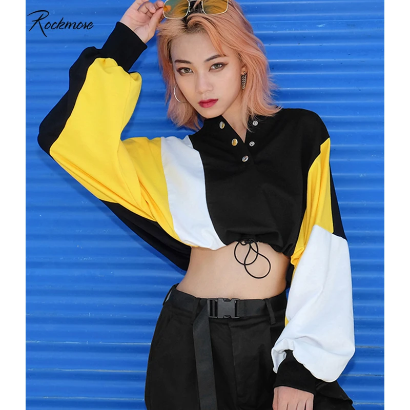 

Rockmore Oversized Long Sleeve Women Sweatshirts With Button Loose Patchwork Autumn Cropped Pollvoers Femme Streetwear Fall 2019