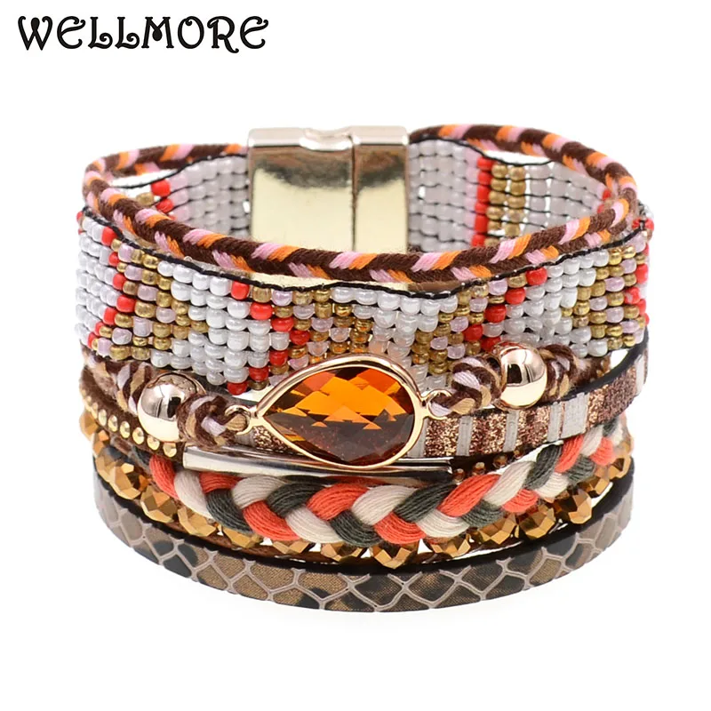 

WELLMORE women bracelets Leather bracelets bohemia brown beaded charm bracelets for women fashion jewelry drop shipping