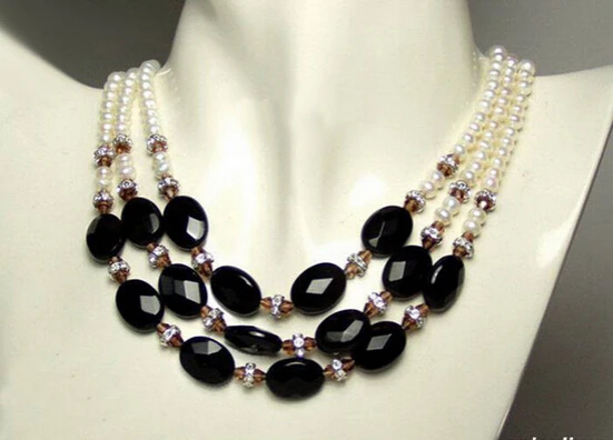 

FREE SHIPPING3 Rows Real White Pearl Black Agate Crystal WGP Clasp Pendant Necklace