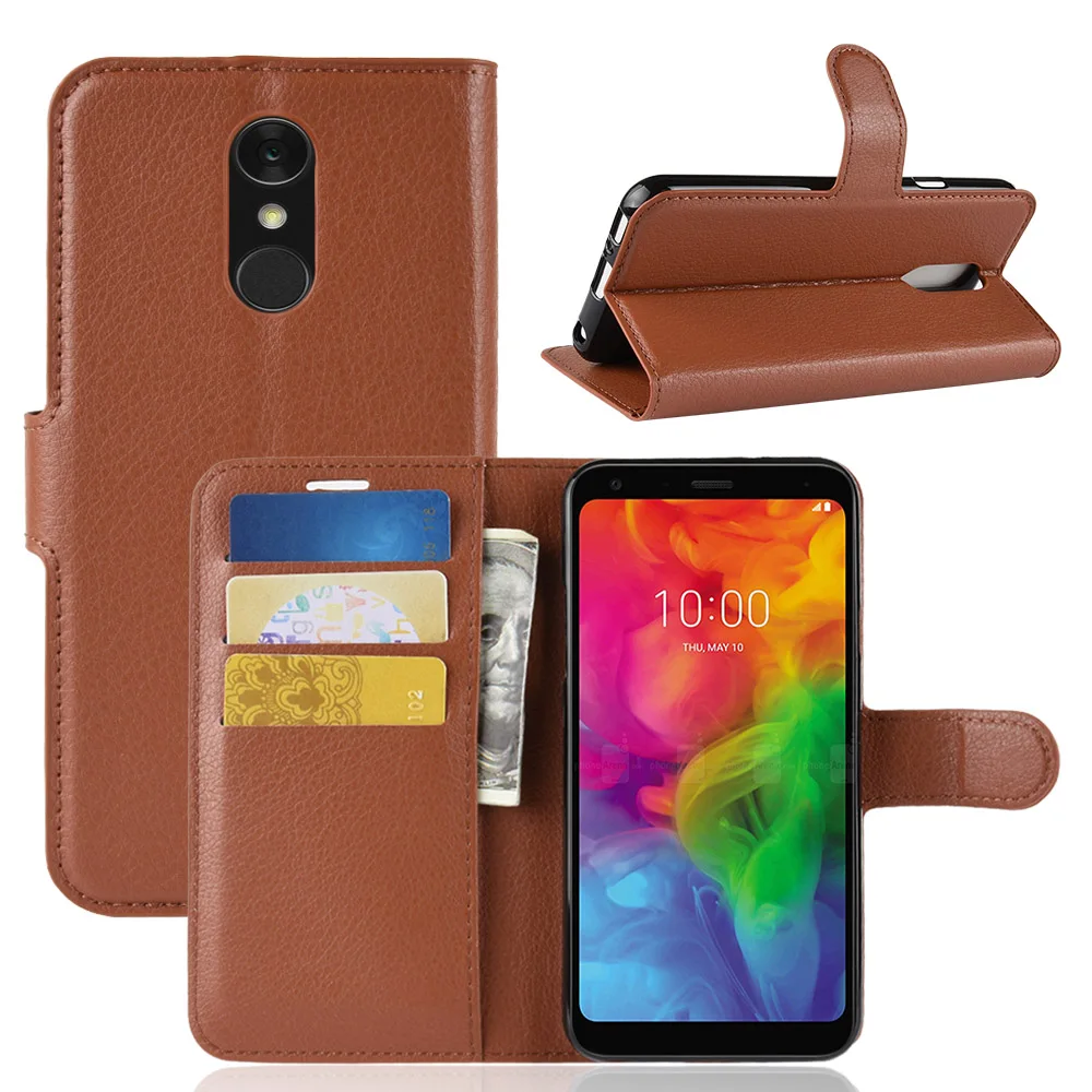 100 шт./лот,, кожаный чехол-книжка с зернистой текстурой личи, подставка, держатель для карт, для LG Q7/для LG G7