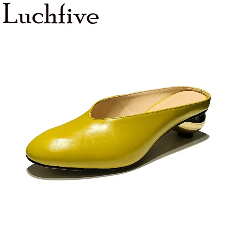 

Summer genuine leather sandals women round toe yellow Slippers retro gold round ball med heels mules runway style shoes ladies