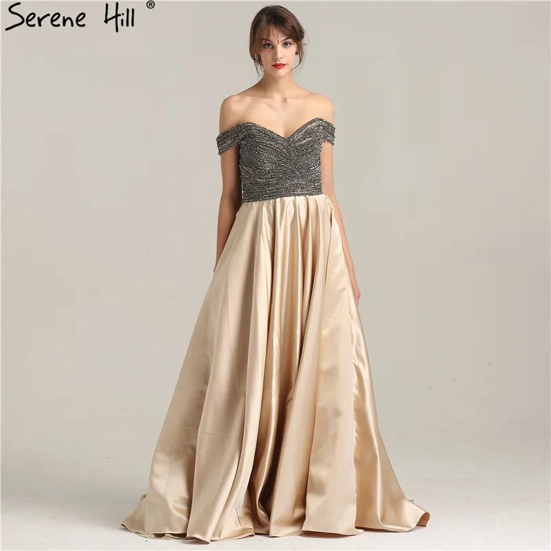 Сексуальное модное роскошное ТРАПЕЦИЕВИДНОЕ платье для выпускного вечера с открытыми плечами, украшенное бисером, атласное вечернее платье для выпускного вечера с кристаллами и стразами es Serene hilm LA6252