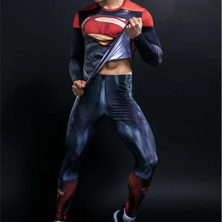 Супергерой Мститель мужские комплекты из двух предметов спортивный костюм с длинным рукавом Кроссфит футболка Фитнес Леггинсы наряд