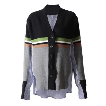 

Women's Knit Cardigan 2019 Trend Fan Dong Women's Contrast Knitted Knit Shirt Fake Two Piece Cardigan
