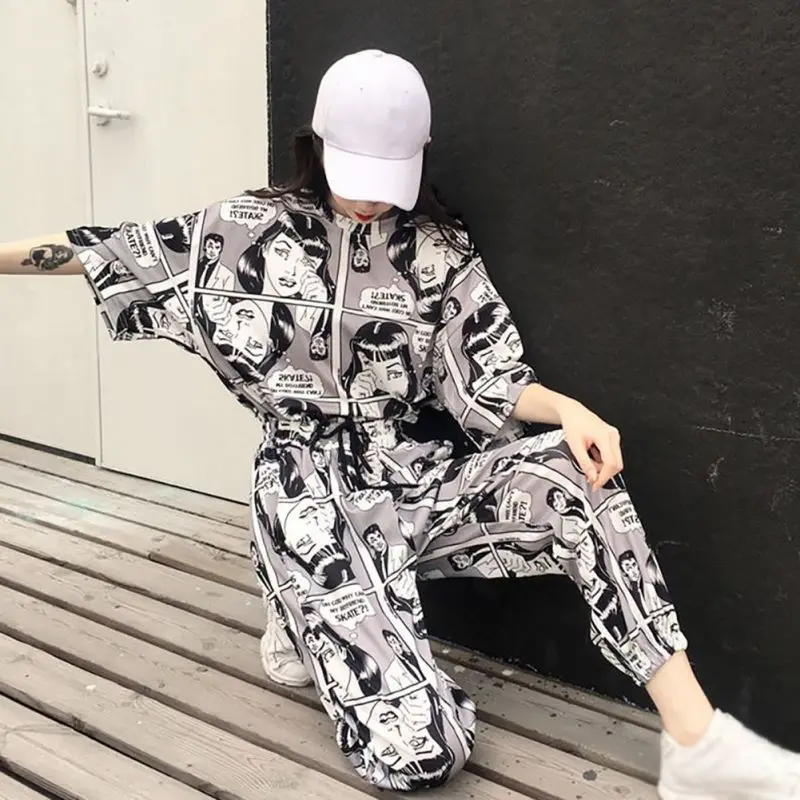 2 шт./компл. футболка с короткими рукавами и мультяшным принтом Harajuku длинные штаны