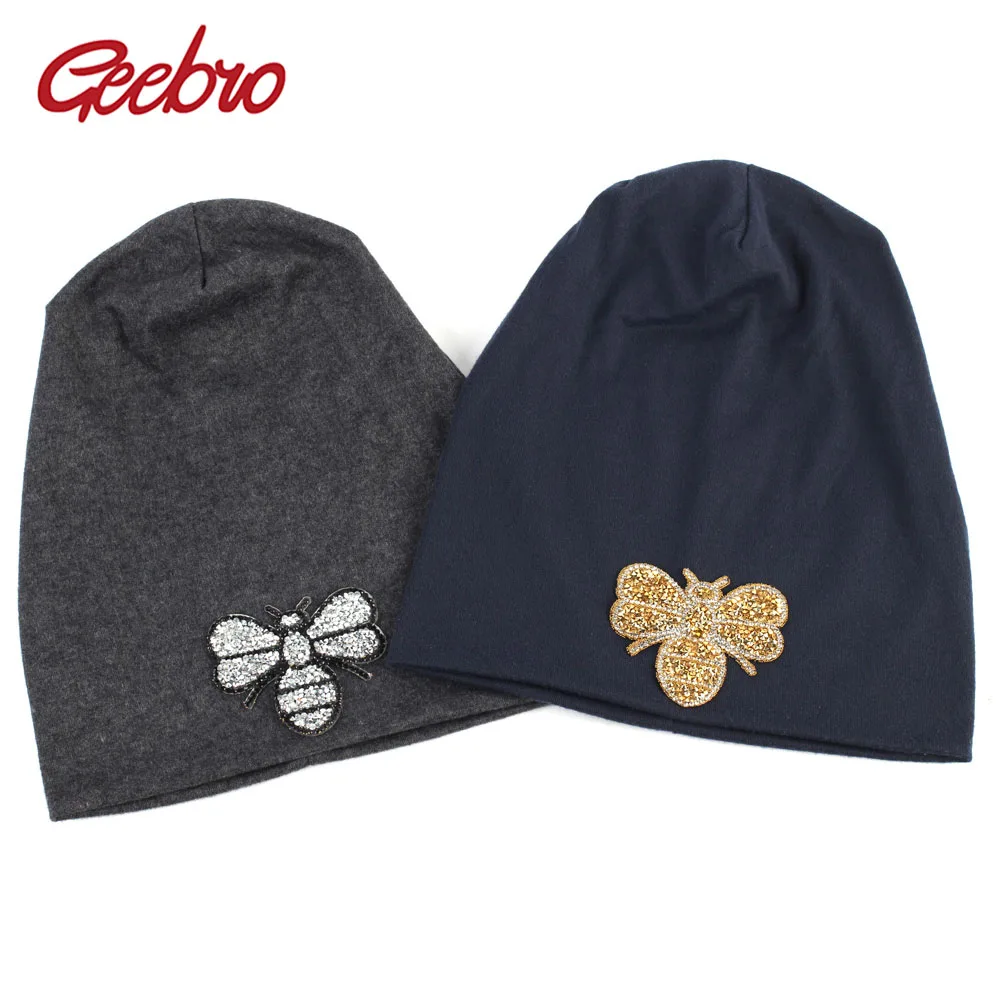 

Geebro Women's Bee Beanie Hat Autumn Fashion Rhinestone Slouchy Beanies for Ladies Woman Plain Flat Cotton Bonnet Hats T8