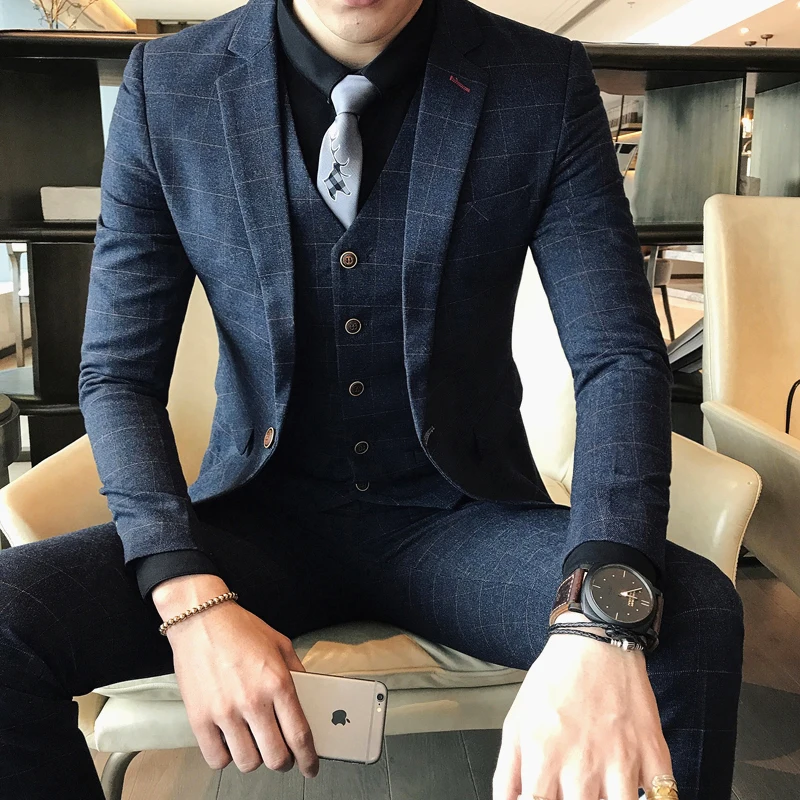 ( Jacket + Pants ) 2018 Spring and Summer New Men's Wedding Fashion Boutique Grid Business Leisure Suits Male Smart Casual Suits