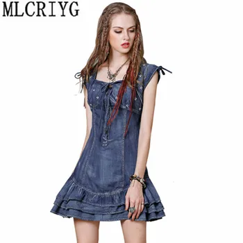 

New Arrival Summer Women Denim Dresses Sleeveless Slim A Line Embroidery Mini Dress Summer Buttons Ruffle Jeans Dress Robe YQ176