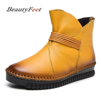 

2018 Winter Women Short Boots Flat Heel Genuine Leather Ankle Booties Plush Rubber Sole Slip On Snow Boots Plus Size BeautyFeet