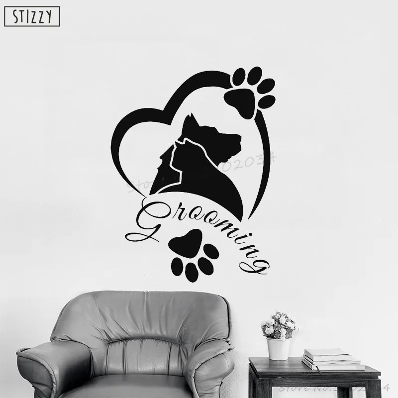 

STIZZY Wall Decal Animal Grooming Salon Wall Sticker Pet Veterinary Services Window Sign Decor Dog Cat Heart Pattern Mural B694