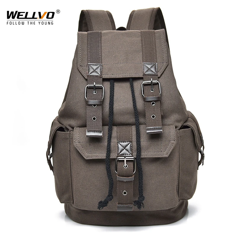 Goedkoop Wellvo Canvas Vintage Rugzak Mannen Tiener Jongens Rugzakken Studenten School Reizen Rugzak Grote Capaciteit Trekkoord Tassen XA2WC