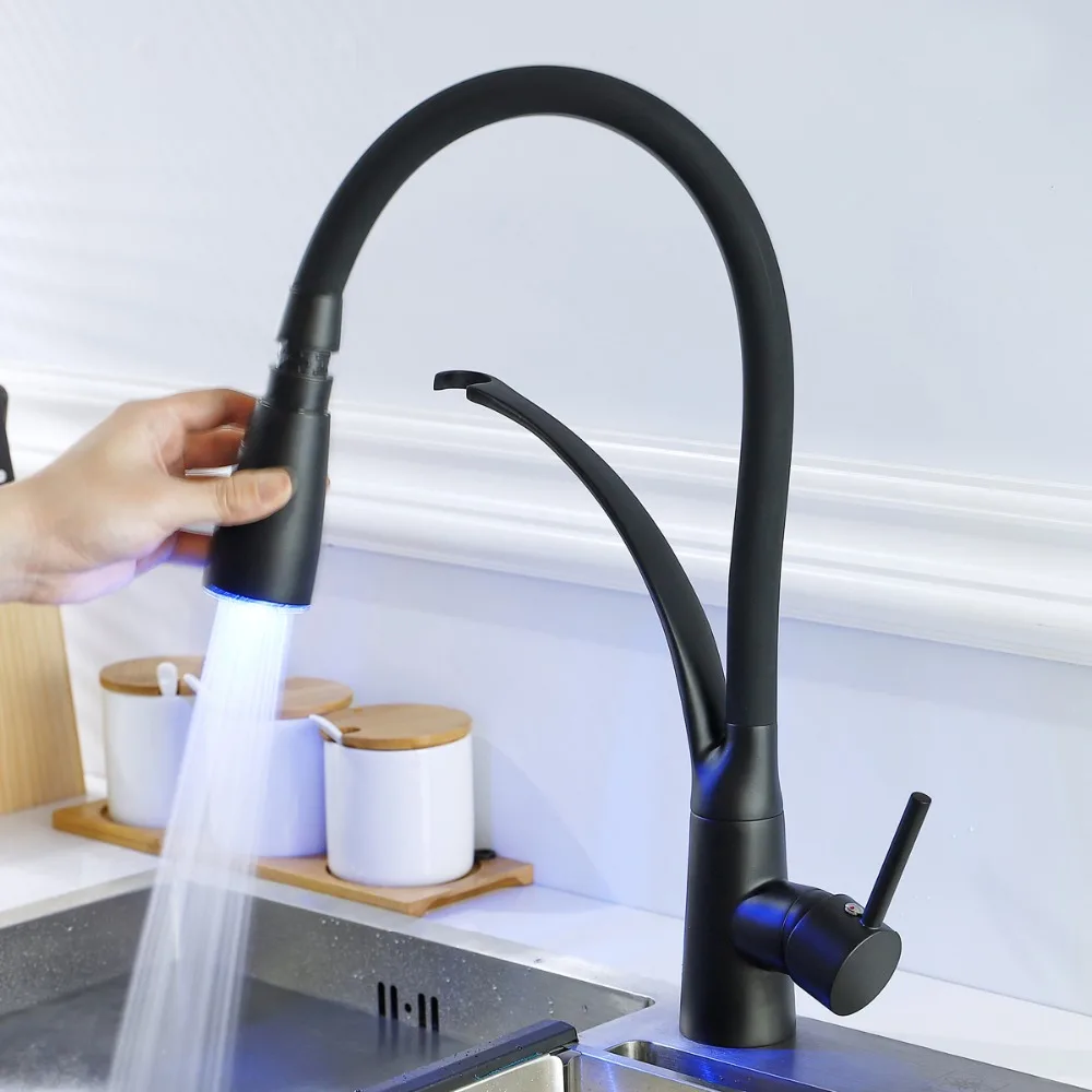 

OUYASHI kitchen faucet led light multi-color sink mixer tap deck mounted pull down single handle water tap