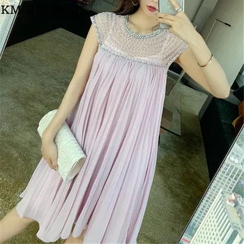 

2019 Summer New Beaded Mesh Chiffon A-line Pleated Dress Pink & White slim Large swing Tutu One-piece Dress