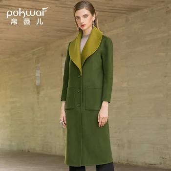 

POKWAI Woolen Jacket Female Winter New Long Sleeve Large Lapel Double-Sided Long Slim Slim Wool Coat