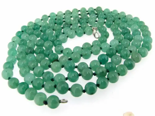 

0125 Long Charm Necklace Round Green Jade Beads 56" Single Strand