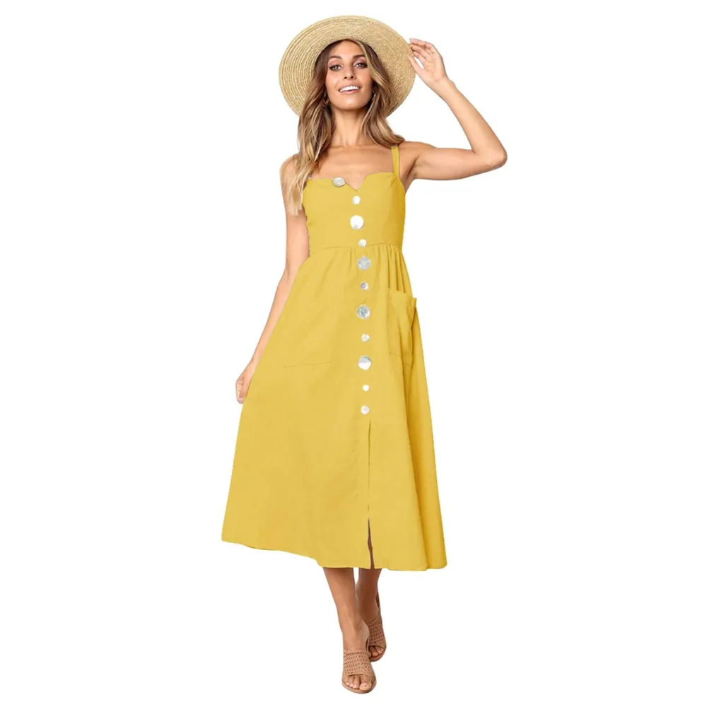 

Women Front Button Back Zip Up Strap Dress Casual Loose Dresses with Pockets Sexy Bow Polka Dots Print Beach Summer Dress
