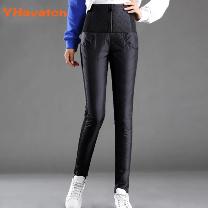 

YHavaton Winter Duck Down Pants For Women Plus Size Black High Waisted Skinny Velevt Warm Pants Women's Elastic Casual Pencil