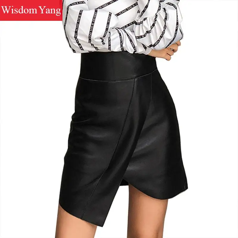 

Summer Black Sheepskin Genuine Leather Wrap Skirts Womens High Waist Mini Short Skirts Tight Sexy Ladies Asymmetrical Skirt