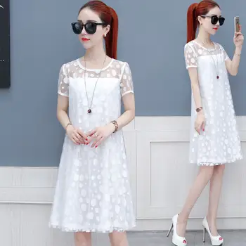 

Summer Elegant Ladies Chiffon Dress 2020 New Fashion Women's Large Size Loose Slim Midi Lace Dresses V674