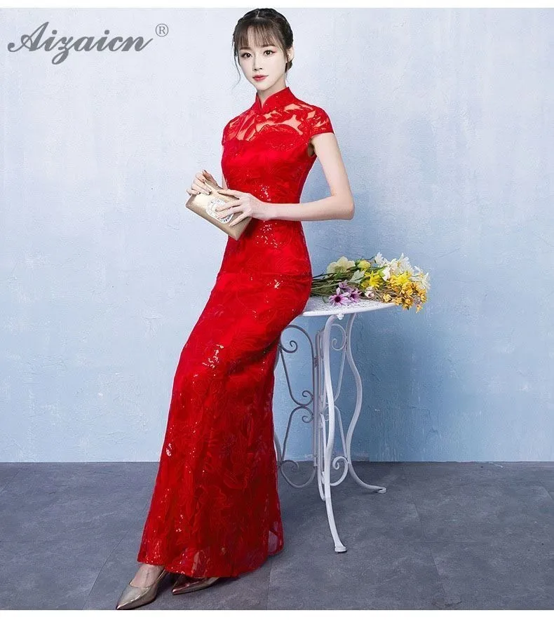 De color rojo sirena novia largo Cheongsam las mujeres chino tradicional boda Vestido Qipao Восточный de moda vestido de fiesta