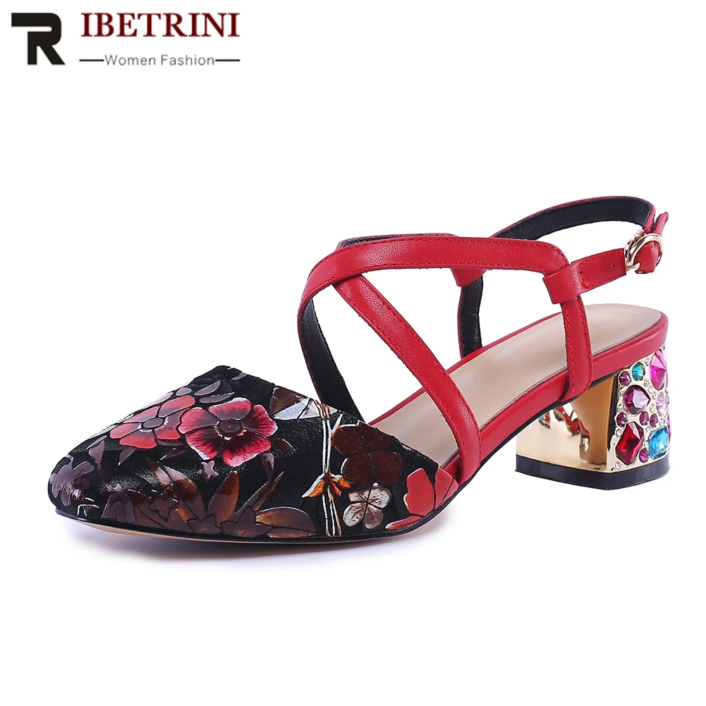 

RIBETRINI 2019 New Fashion Print Flower Sandals Women Summer Genuine Leather Shoes Sandals Women Shoes Woman Large Size 34-43