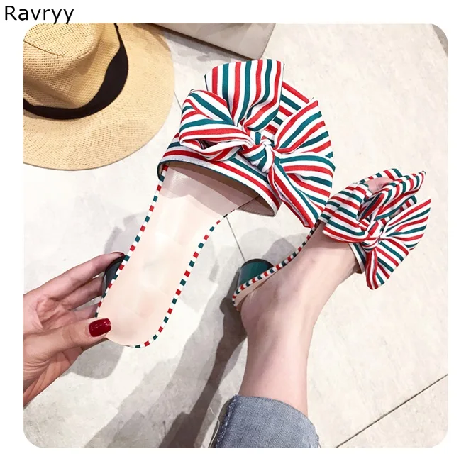 

Red Green Striped woman sandals retro style bowknot decor open toe slipper slip-on flat female single shoes Summer fashion shoes